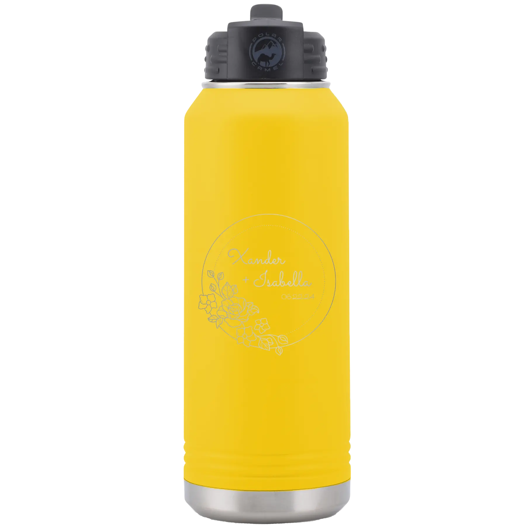 Personalized yellow 32 oz vacuum insulated water bottle with 'Floral Circle with Text Wedding or Anniversary' design