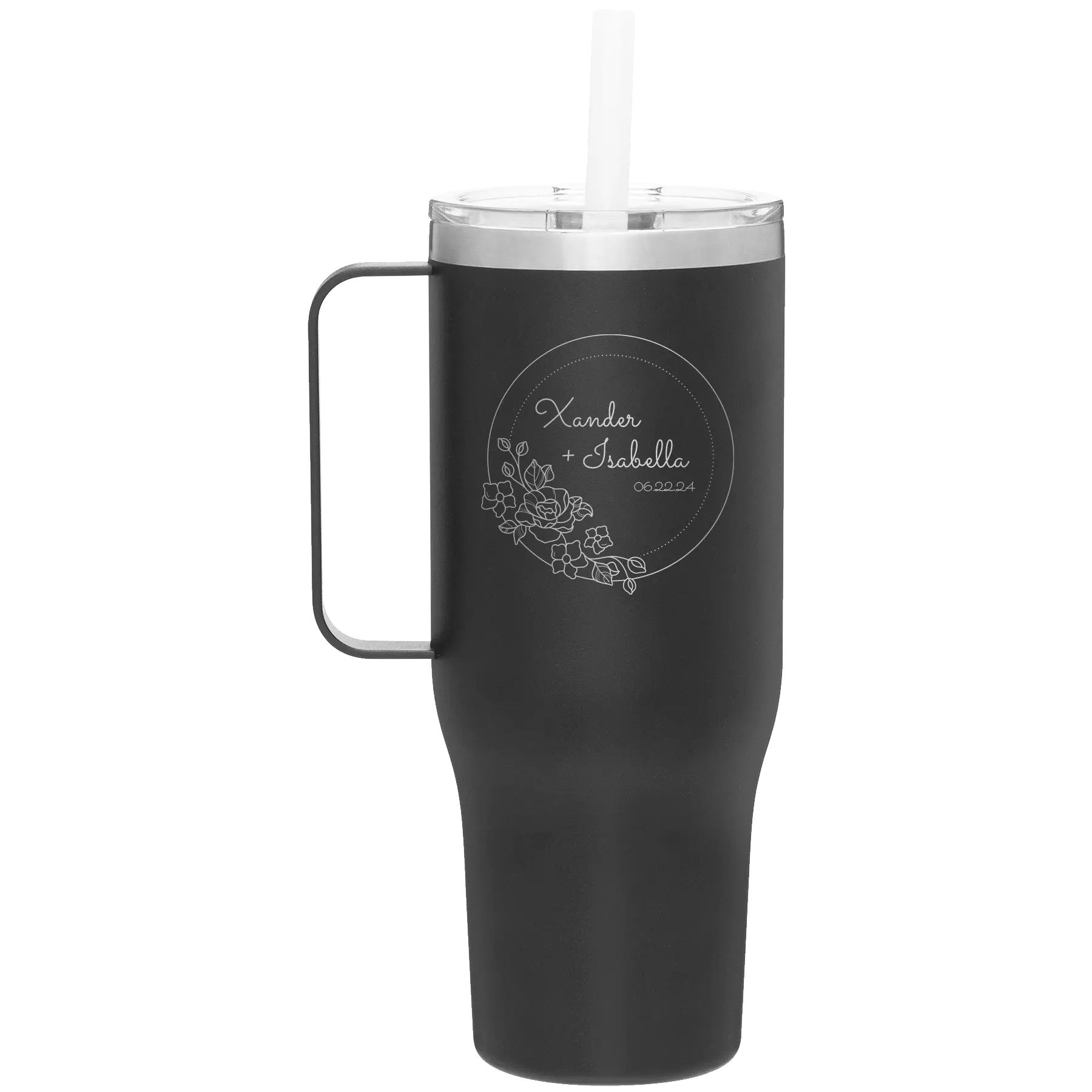Personalized black 40 oz vacuum insulated tumbler mug with 'Floral Circle with Text Wedding or Anniversary' design