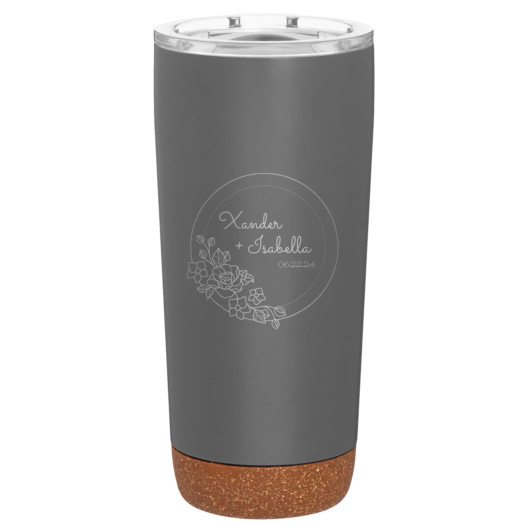 Personalized storm gray 20 oz vacuum insulated tumbler with 'Floral Circle with Text Wedding or Anniversary' design