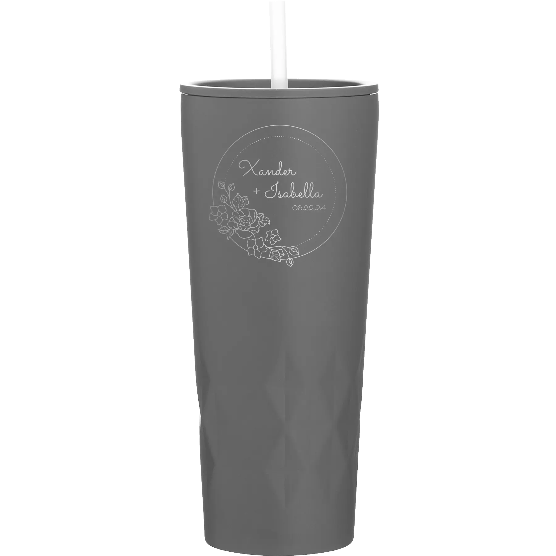 Personalized slate 20 oz vacuum insulated tumbler with 'Floral Circle with Text Wedding or Anniversary' design