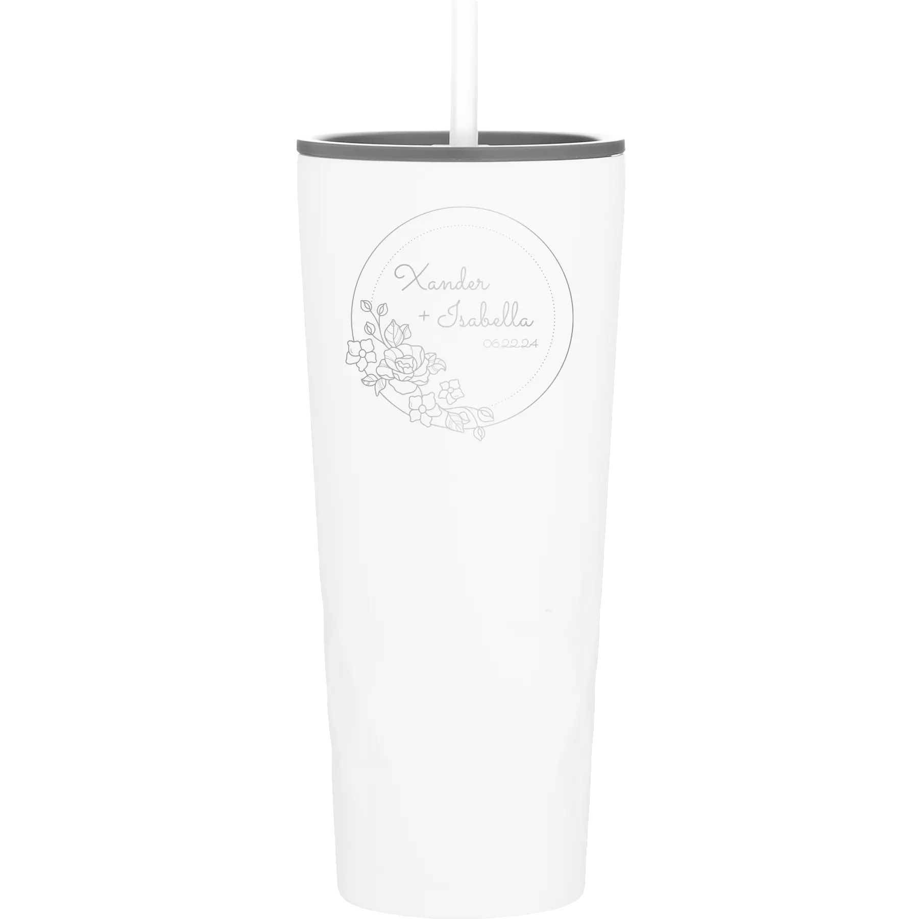 Personalized white 20 oz vacuum insulated tumbler with 'Floral Circle with Text Wedding or Anniversary' design