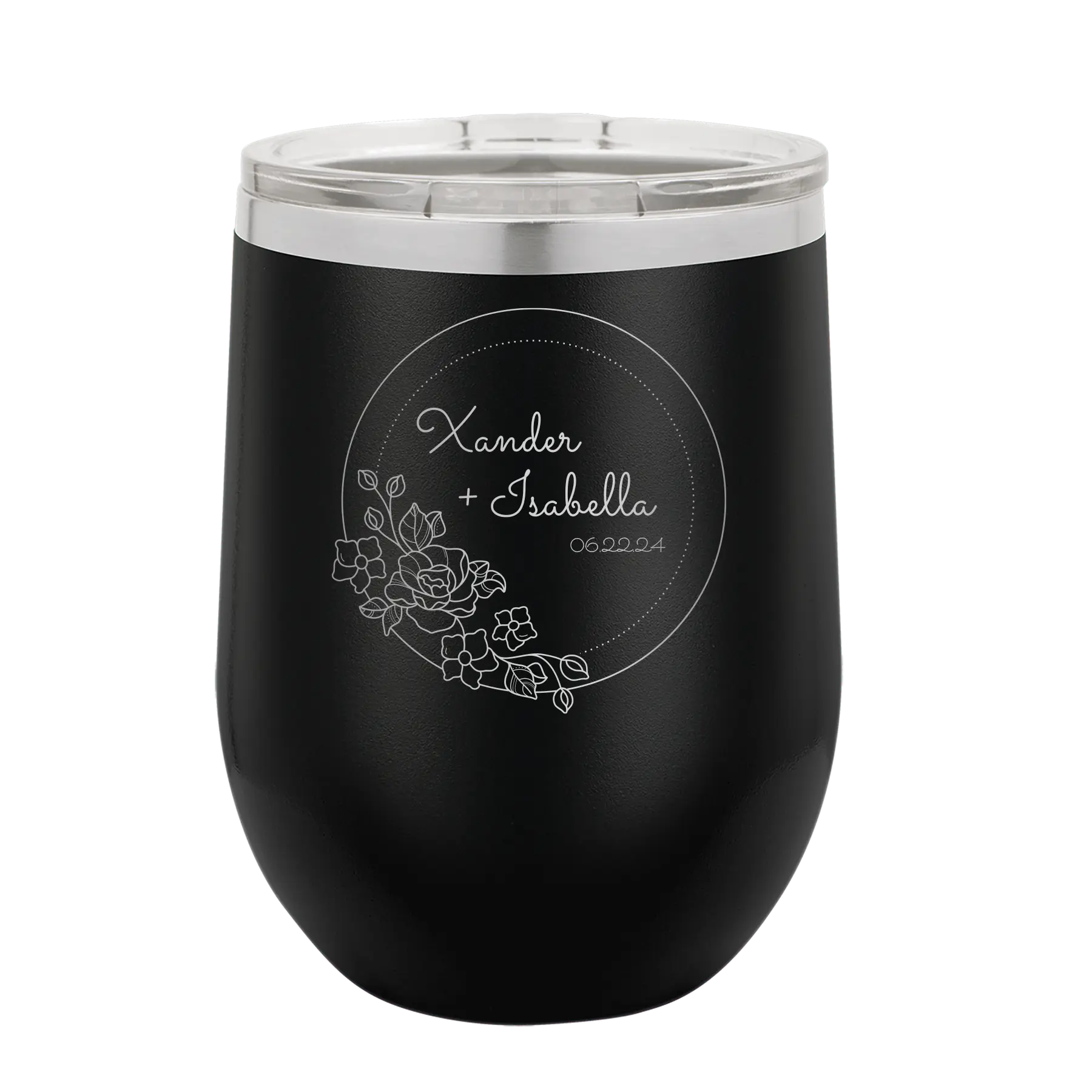 Personalized black 12 oz vacuum insulated wine cup with 'Floral Circle with Text Wedding or Anniversary' design