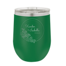 Personalized green 12 oz vacuum insulated wine cup with 'Floral Circle with Text Wedding or Anniversary' design
