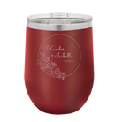 Personalized maroon 12 oz vacuum insulated wine cup with 'Floral Circle with Text Wedding or Anniversary' design