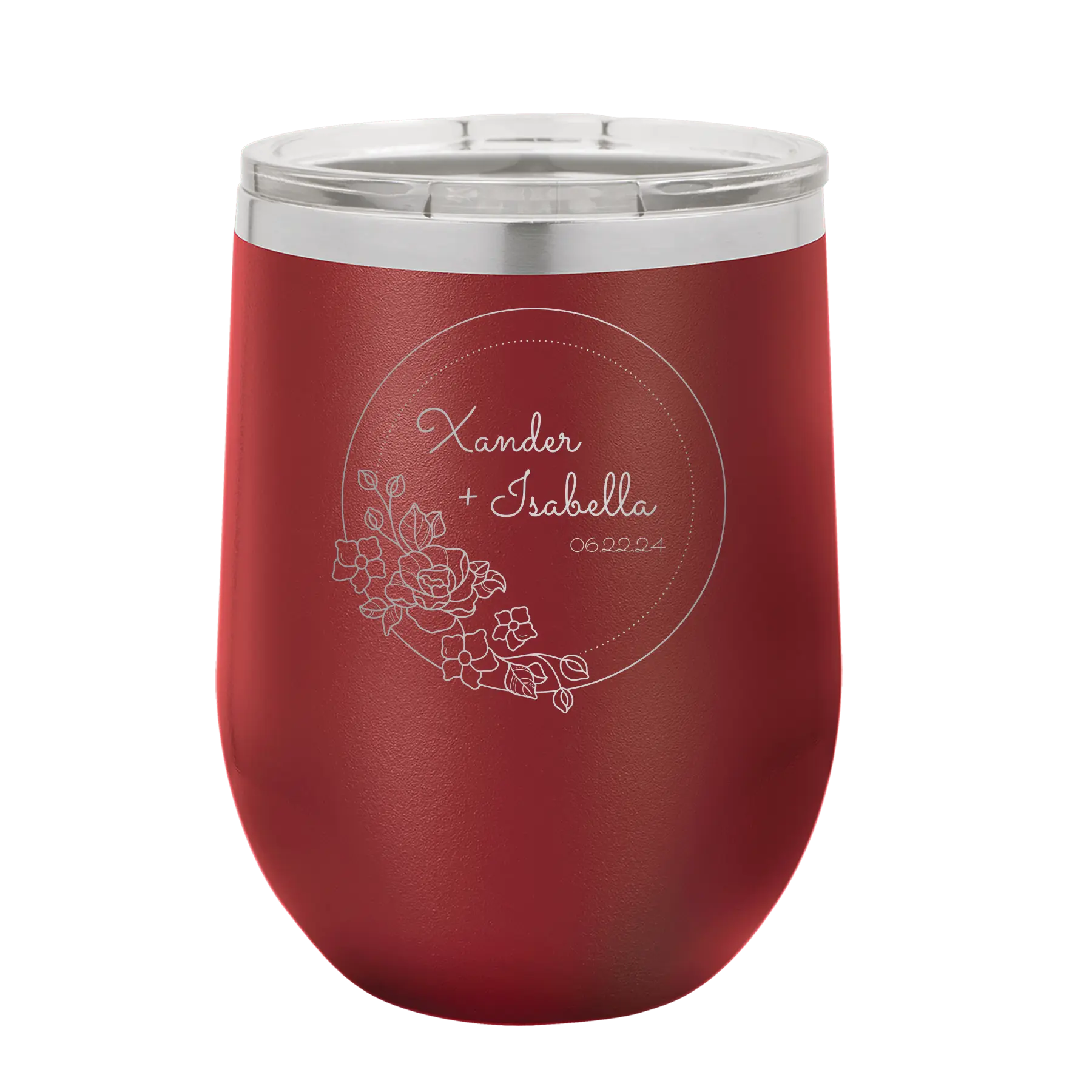 Personalized maroon 12 oz vacuum insulated wine cup with 'Floral Circle with Text Wedding or Anniversary' design