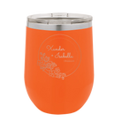 Personalized orange 12 oz vacuum insulated wine cup with 'Floral Circle with Text Wedding or Anniversary' design