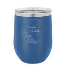 Personalized royal blue 12 oz vacuum insulated wine cup with 'Floral Circle with Text Wedding or Anniversary' design