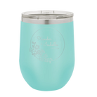 Personalized teal 12 oz vacuum insulated wine cup with 'Floral Circle with Text Wedding or Anniversary' design