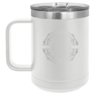 Personalized white 15 oz vacuum insulated coffee mug with 'Mandala 1' design