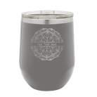 Personalized dark gray 12 oz vacuum insulated wine cup with 'Mandala 1' design