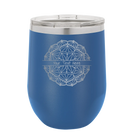 Personalized royal blue 12 oz vacuum insulated wine cup with 'Mandala 1' design