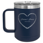 Personalized navy 15 oz vacuum insulated coffee mug with 'Heart Frame' design