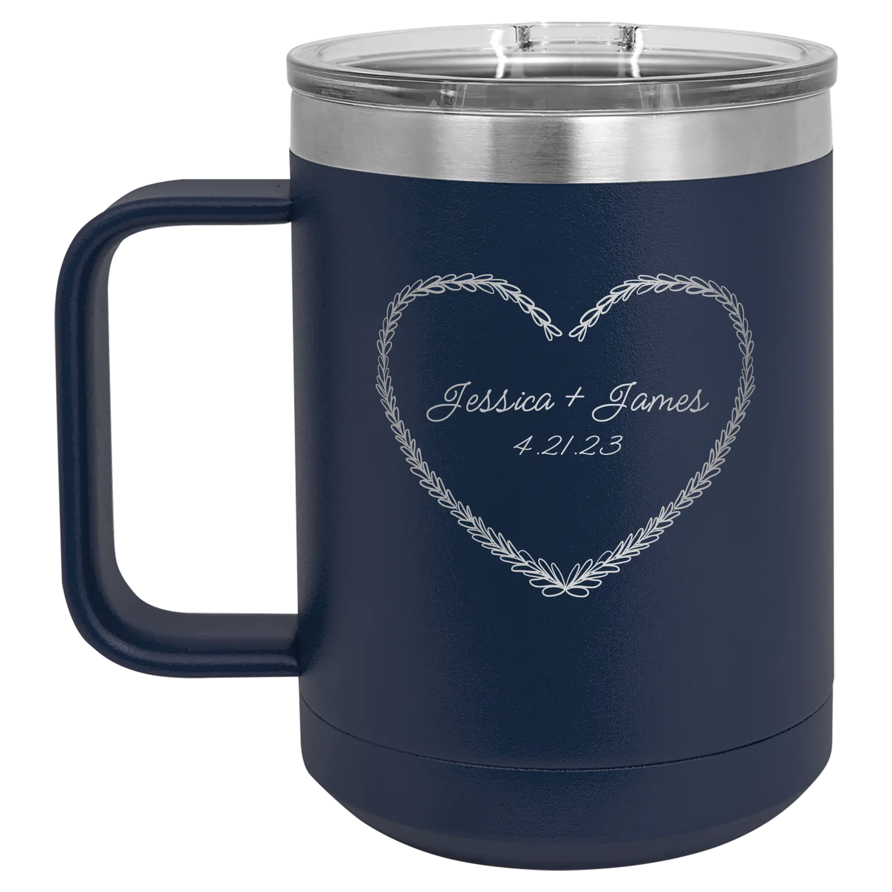 Personalized navy 15 oz vacuum insulated coffee mug with 'Heart Frame' design