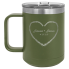 Personalized olive green 15 oz vacuum insulated coffee mug with 'Heart Frame' design