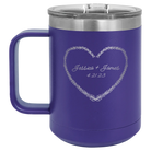 Personalized purple 15 oz vacuum insulated coffee mug with 'Heart Frame' design