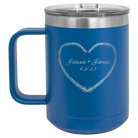 Personalized royal blue 15 oz vacuum insulated coffee mug with 'Heart Frame' design