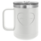 Personalized white 15 oz vacuum insulated coffee mug with 'Heart Frame' design