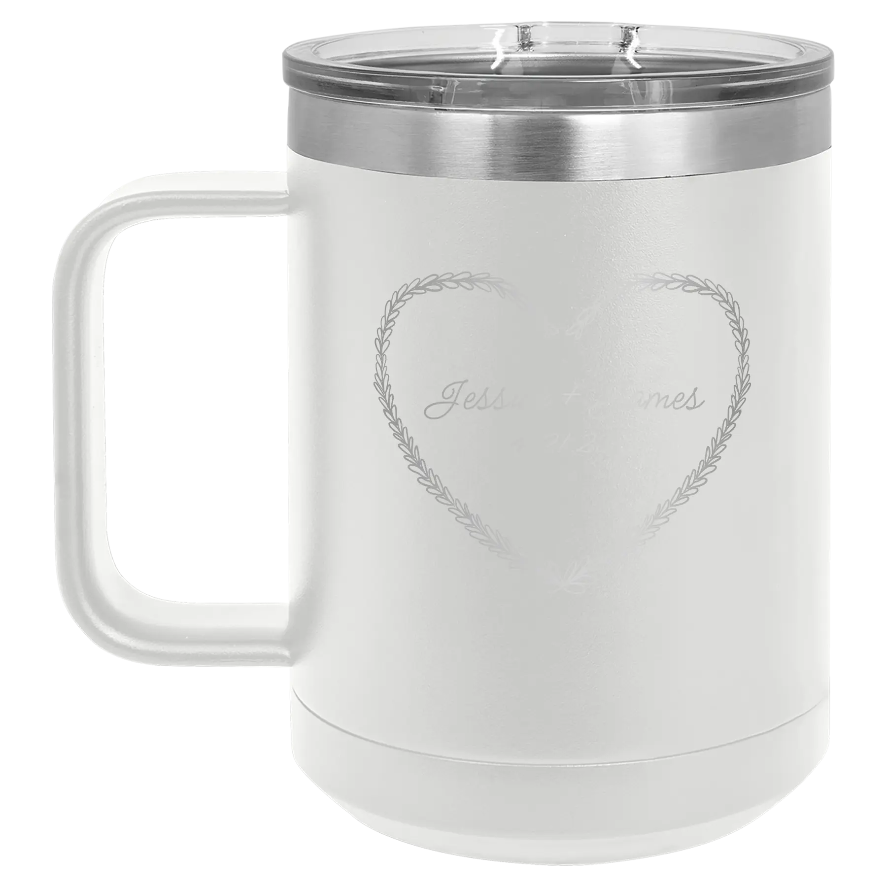 Personalized white 15 oz vacuum insulated coffee mug with 'Heart Frame' design