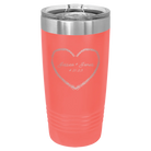 Personalized coral 20 oz vacuum insulated tumbler with 'Heart Frame' design