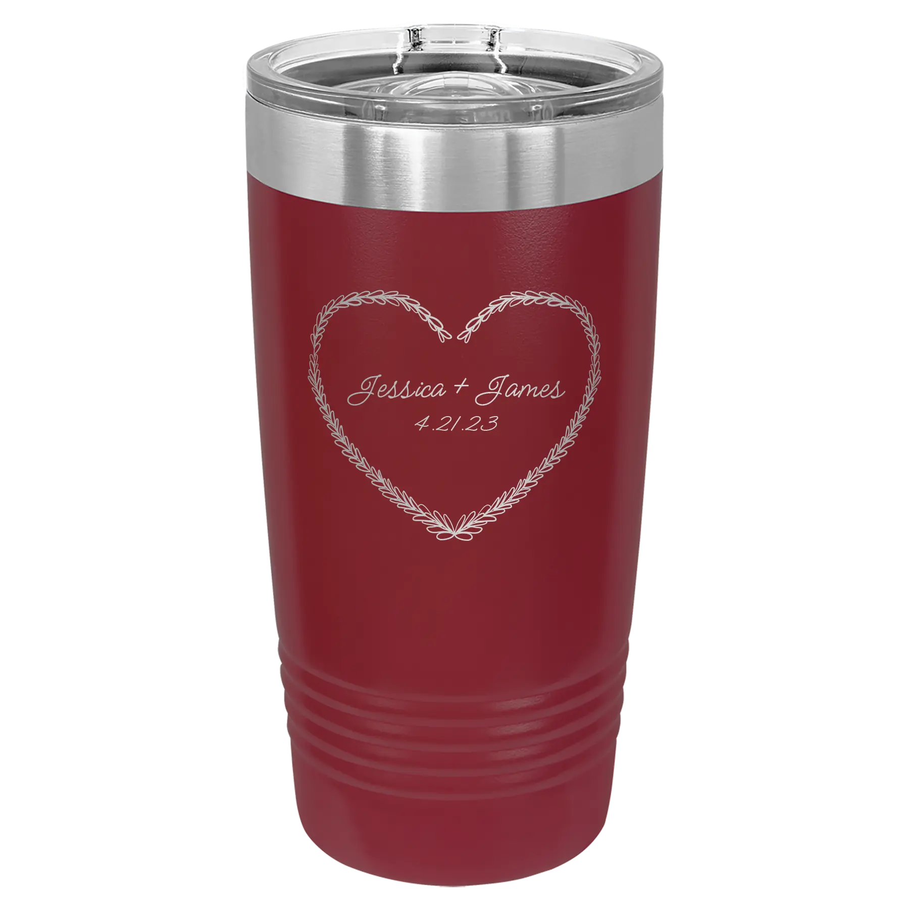 Personalized maroon 20 oz vacuum insulated tumbler with 'Heart Frame' design