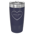 Personalized navy 20 oz vacuum insulated tumbler with 'Heart Frame' design