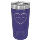 Personalized purple 20 oz vacuum insulated tumbler with 'Heart Frame' design