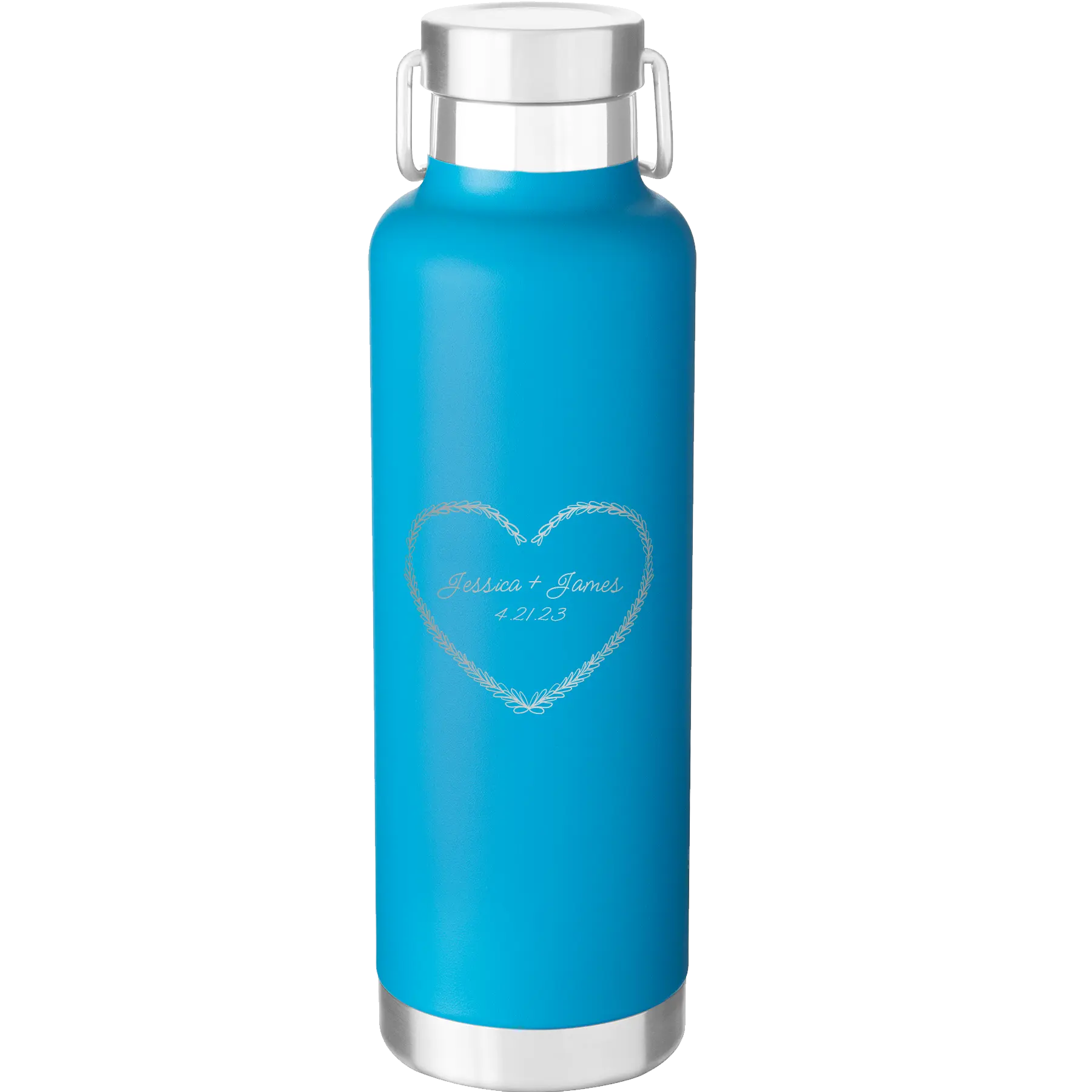 Personalized aqua 24 oz vacuum insulated water bottle with 'Heart Frame' design