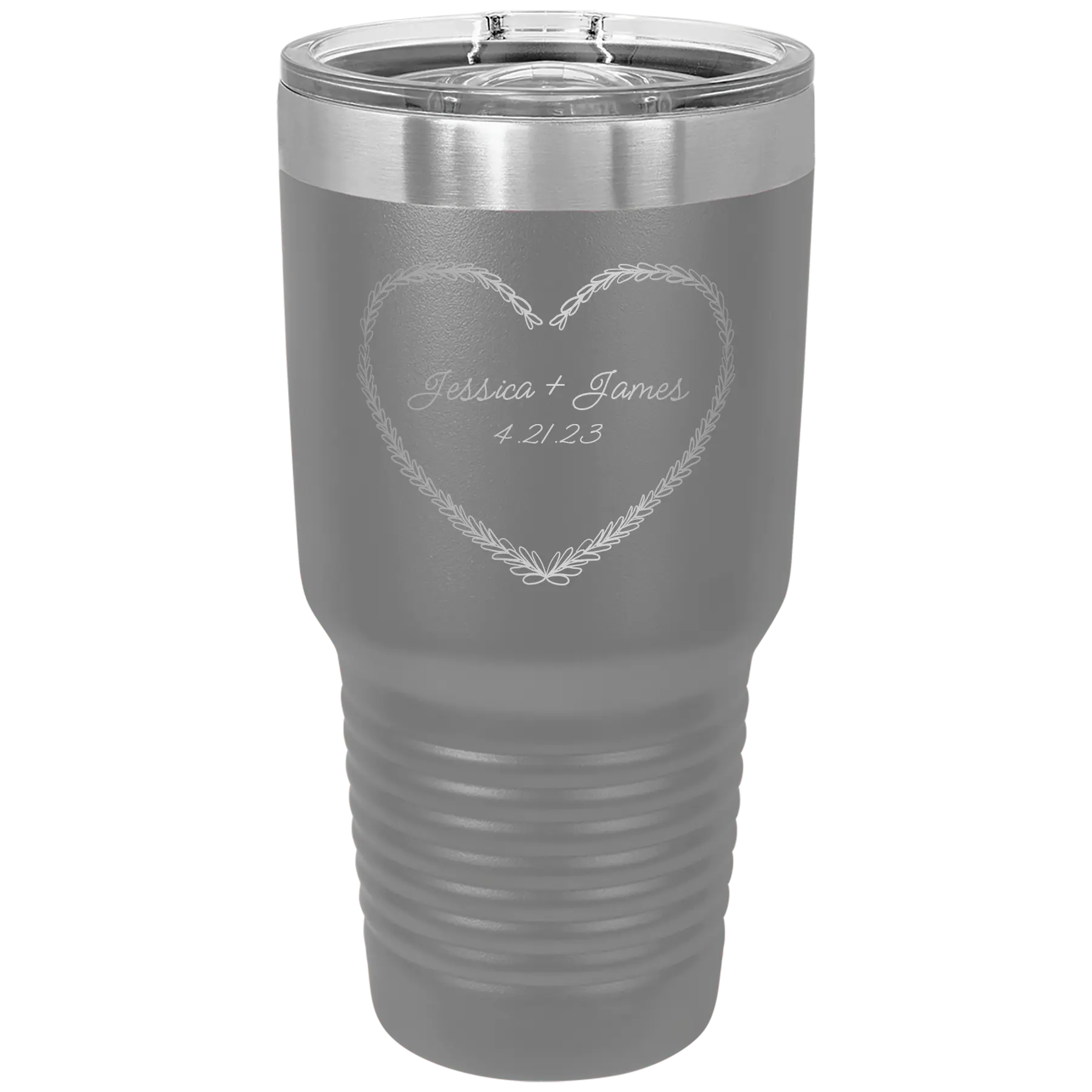 Personalized dark gray 30 oz vacuum insulated tumbler with 'Heart Frame' design