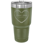 Personalized olive green 30 oz vacuum insulated tumbler with 'Heart Frame' design