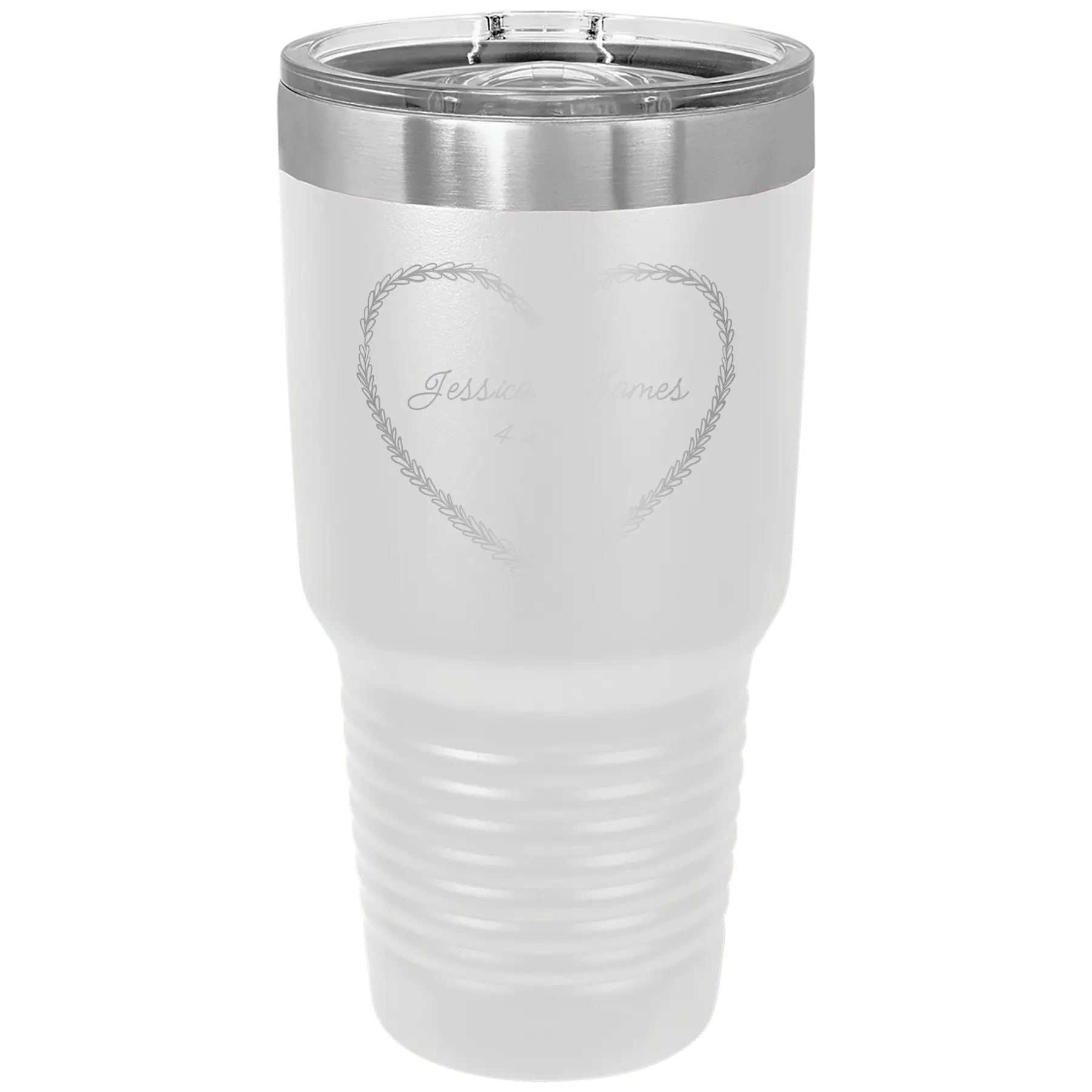 Personalized white 30 oz vacuum insulated tumbler with 'Heart Frame' design