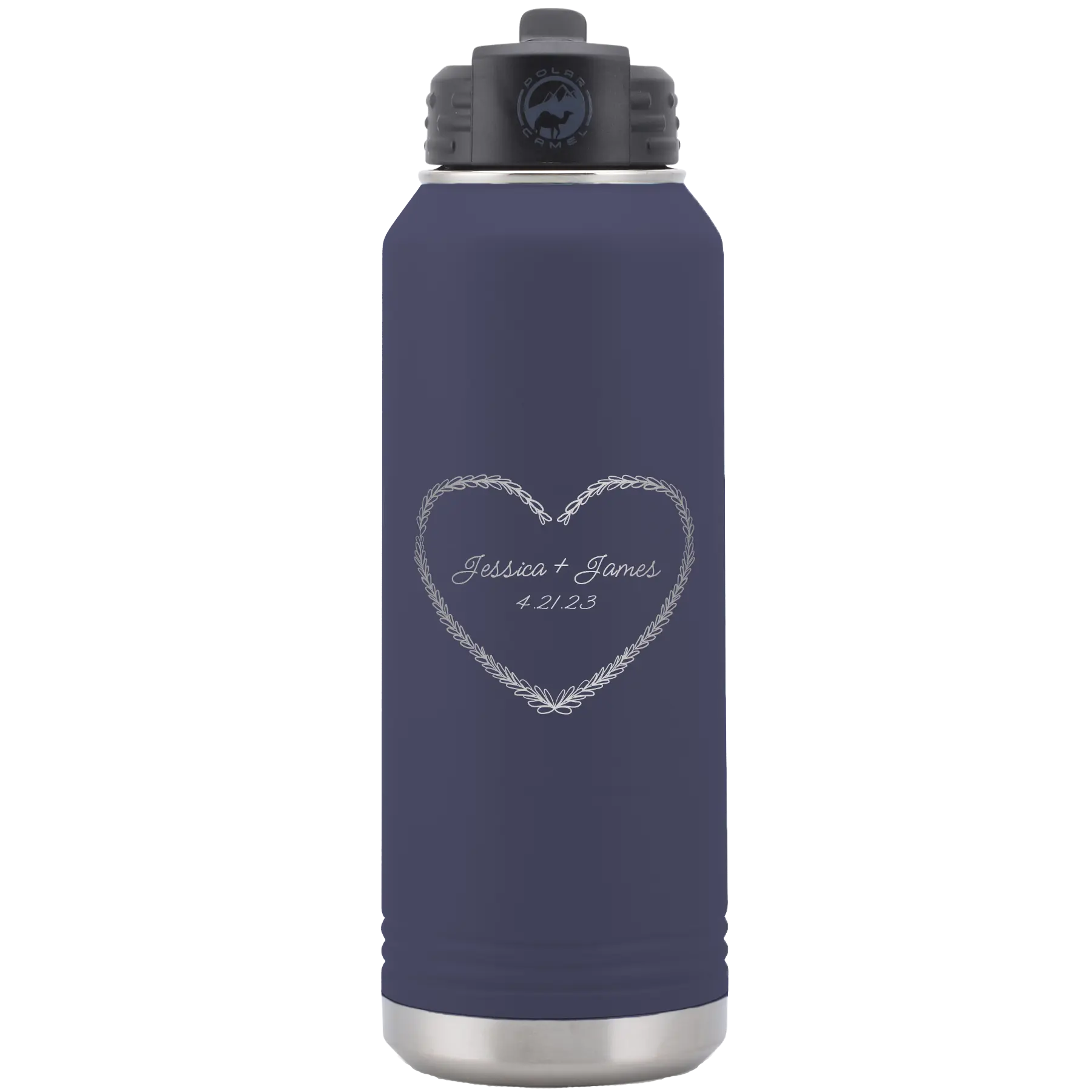 Personalized navy 32 oz vacuum insulated water bottle with 'Heart Frame' design