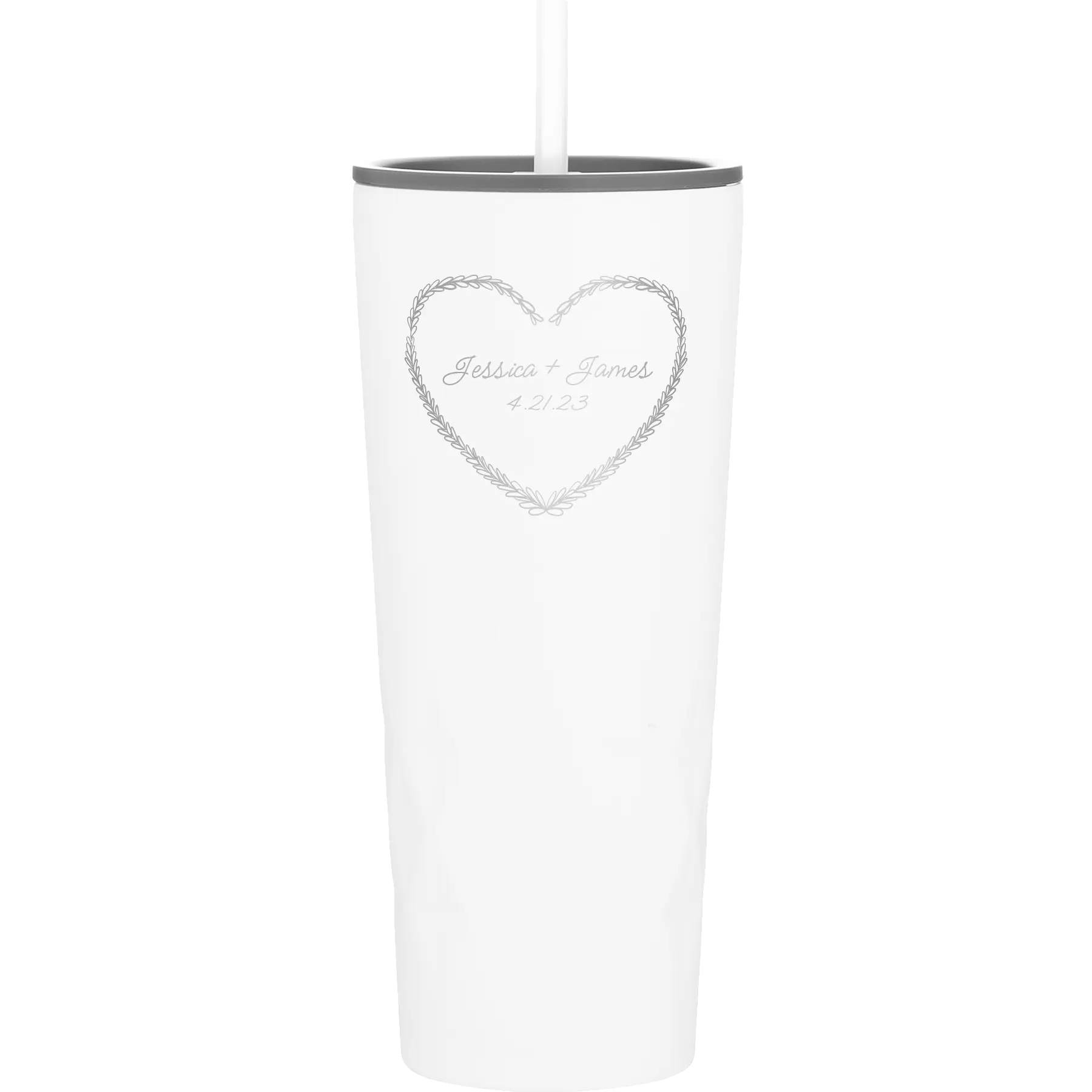 Personalized white 20 oz vacuum insulated tumbler with 'Heart Frame' design