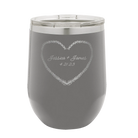 Personalized dark gray 12 oz vacuum insulated wine cup with 'Heart Frame' design