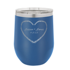 Personalized royal blue 12 oz vacuum insulated wine cup with 'Heart Frame' design