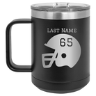 Personalized black 15 oz vacuum insulated coffee mug with 'Football Helmet' design