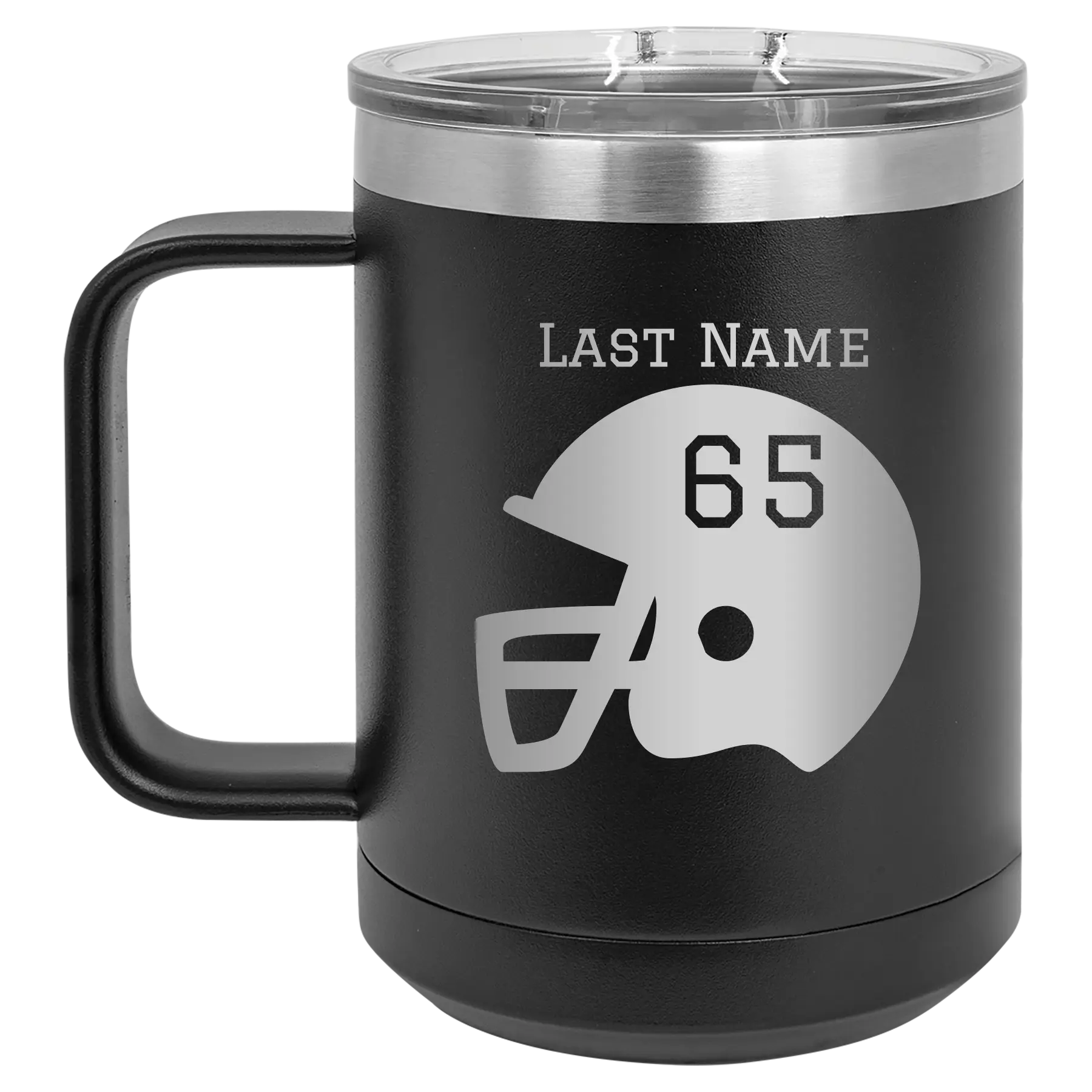 Personalized black 15 oz vacuum insulated coffee mug with 'Football Helmet' design