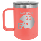 Personalized coral 15 oz vacuum insulated coffee mug with 'Football Helmet' design