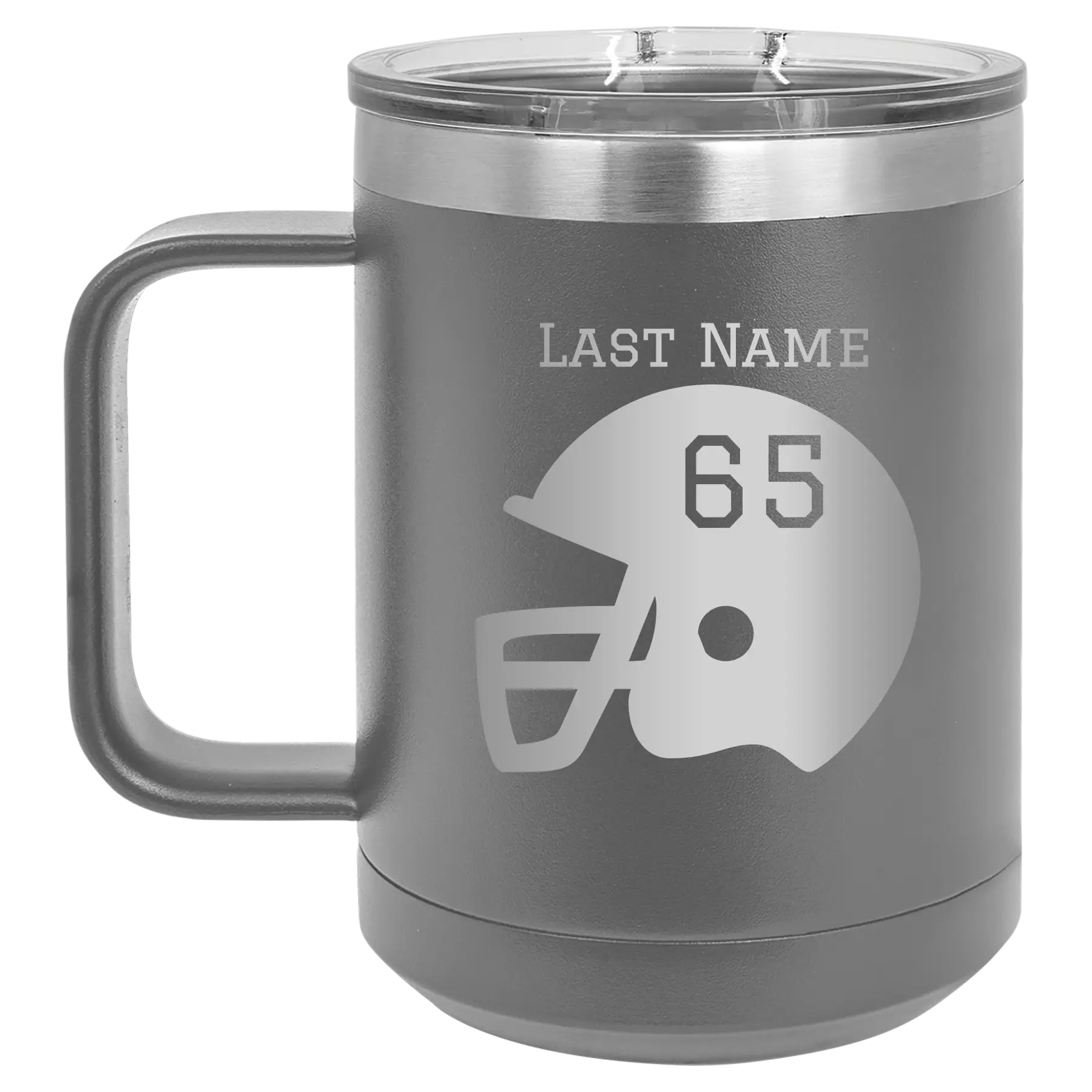 Personalized dark gray 15 oz vacuum insulated coffee mug with 'Football Helmet' design