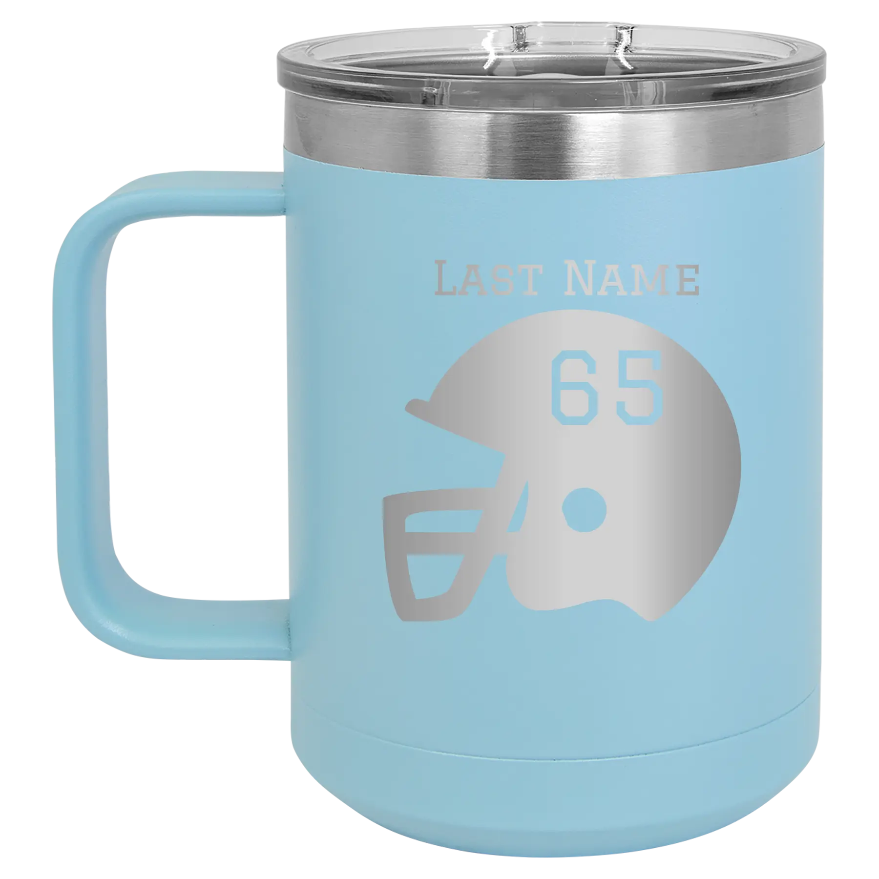 Personalized light blue 15 oz vacuum insulated coffee mug with 'Football Helmet' design
