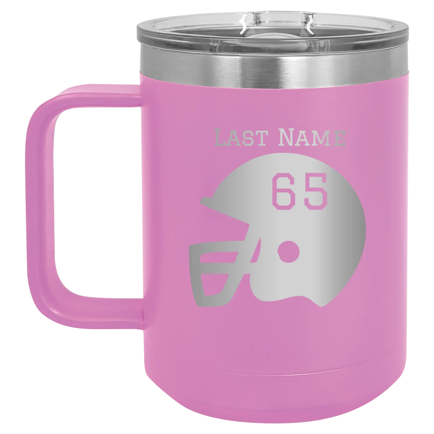 Personalized light purple 15 oz vacuum insulated coffee mug with 'Football Helmet' design