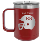 Personalized maroon 15 oz vacuum insulated coffee mug with 'Football Helmet' design