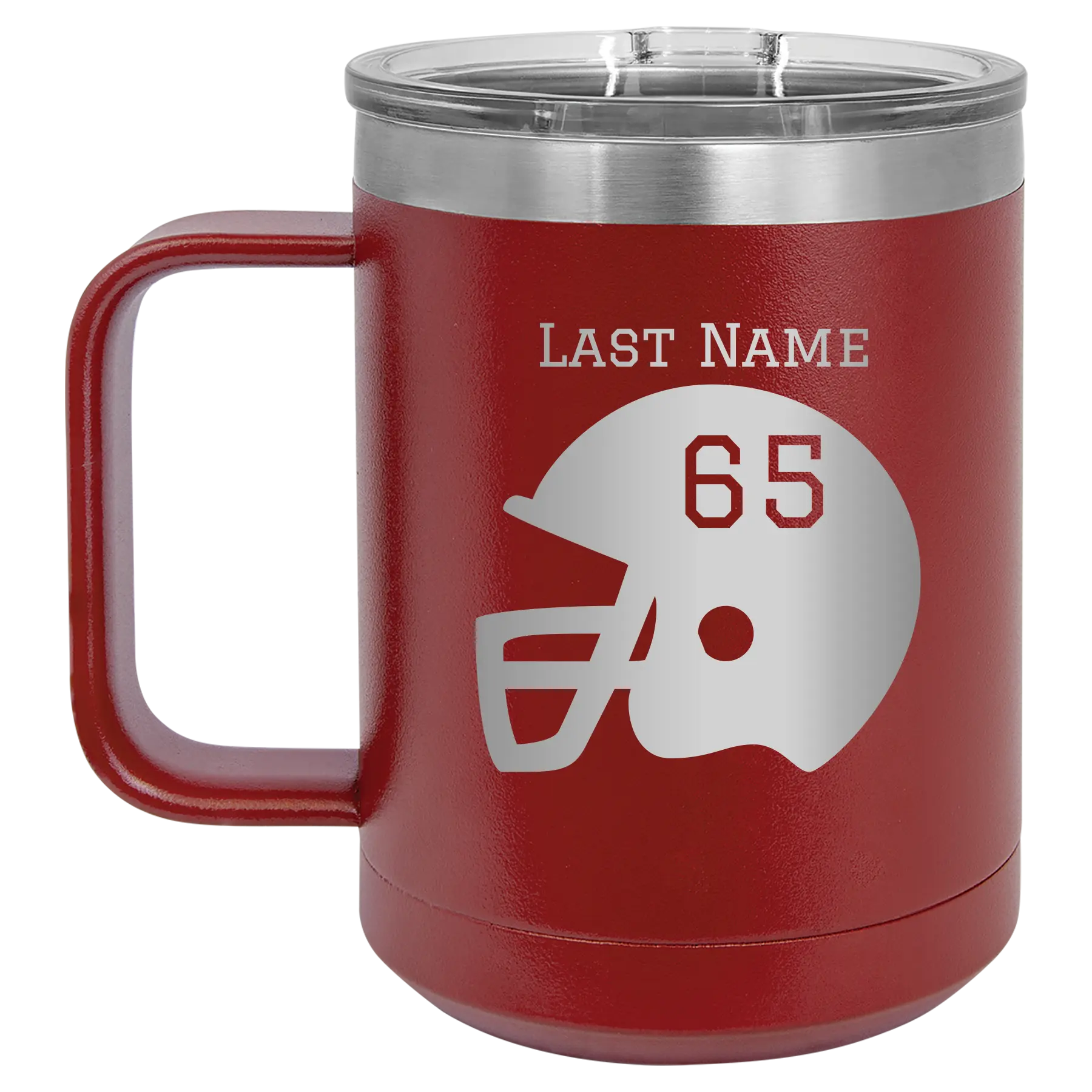 Personalized maroon 15 oz vacuum insulated coffee mug with 'Football Helmet' design