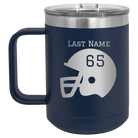 Personalized navy 15 oz vacuum insulated coffee mug with 'Football Helmet' design