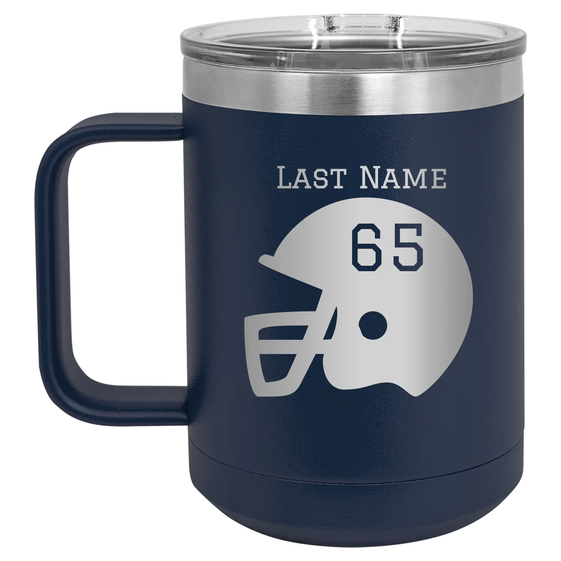 Personalized navy 15 oz vacuum insulated coffee mug with 'Football Helmet' design