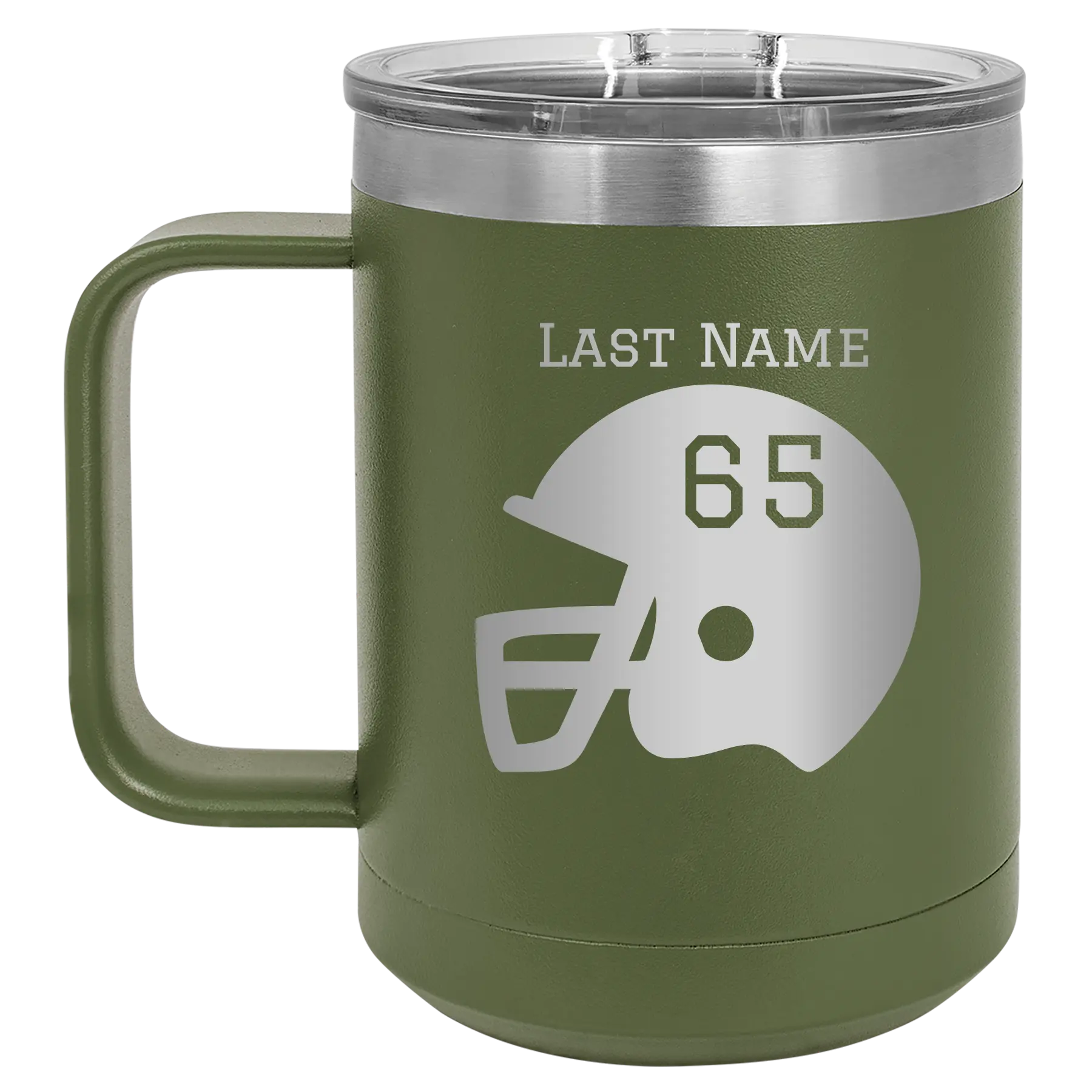 Personalized olive green 15 oz vacuum insulated coffee mug with 'Football Helmet' design