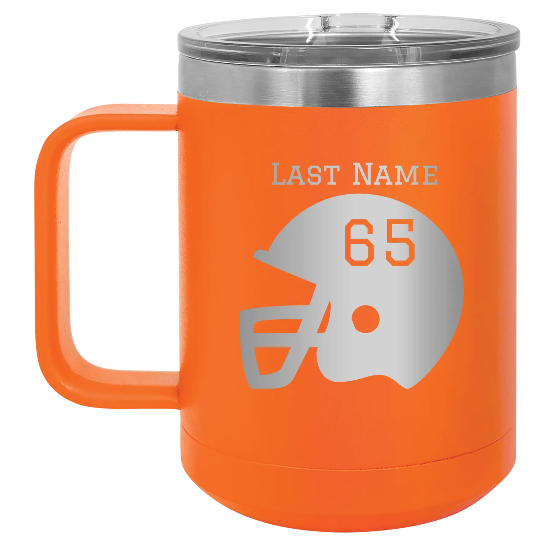 Personalized orange 15 oz vacuum insulated coffee mug with 'Football Helmet' design
