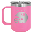 Personalized pink 15 oz vacuum insulated coffee mug with 'Football Helmet' design