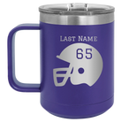 Personalized purple 15 oz vacuum insulated coffee mug with 'Football Helmet' design