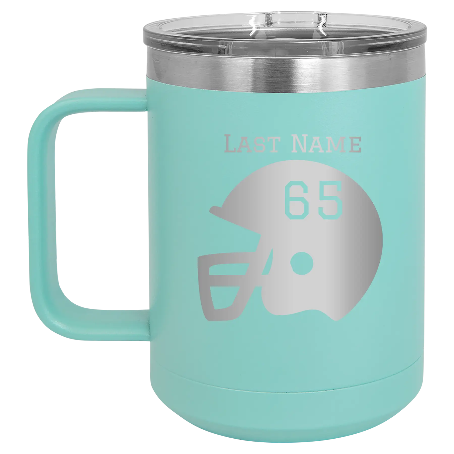 Personalized teal 15 oz vacuum insulated coffee mug with 'Football Helmet' design