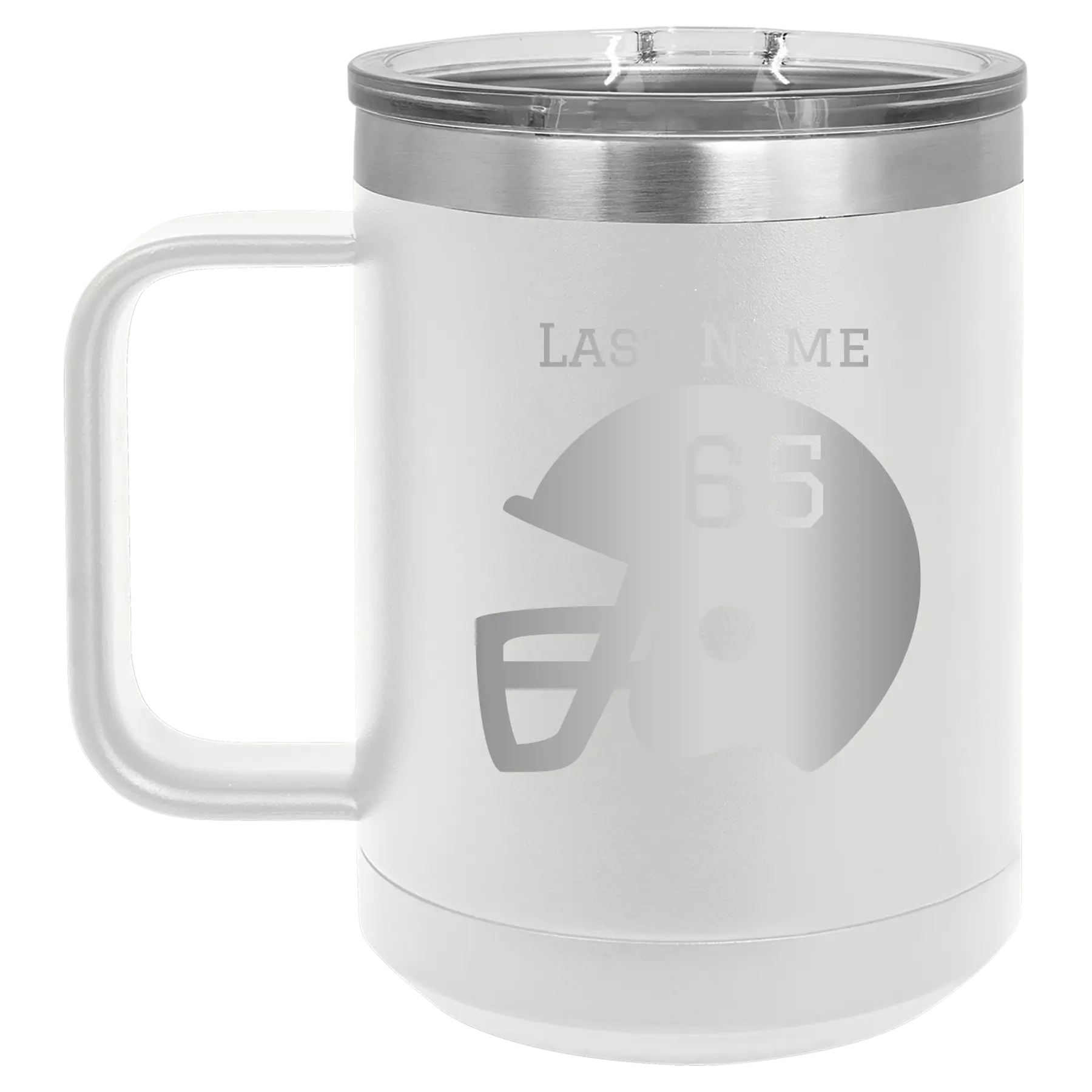 Personalized white 15 oz vacuum insulated coffee mug with 'Football Helmet' design